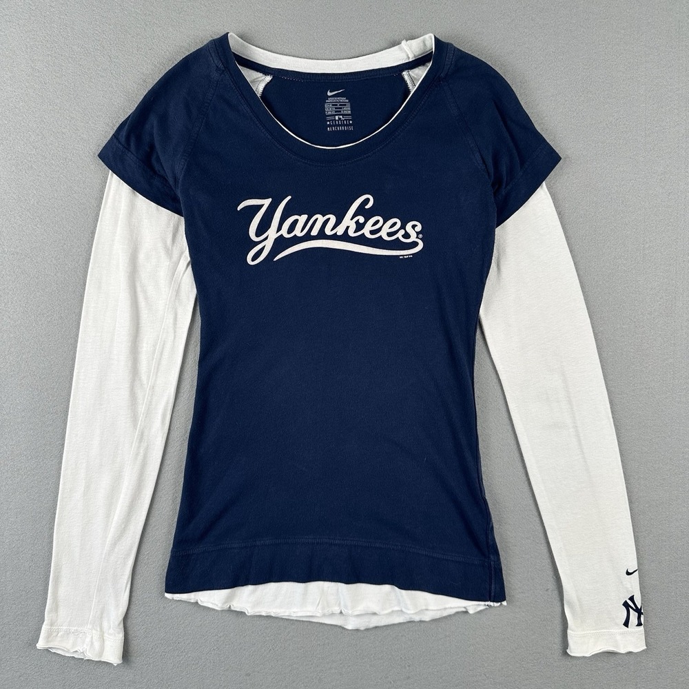 Y2K Nike New York Yankees Layered Long Sleeve Tee Womens Small Blue Baseball
